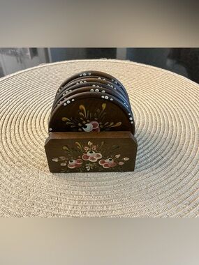 Vintage Hand Painted Floral Coaster Set With Holder Wooden